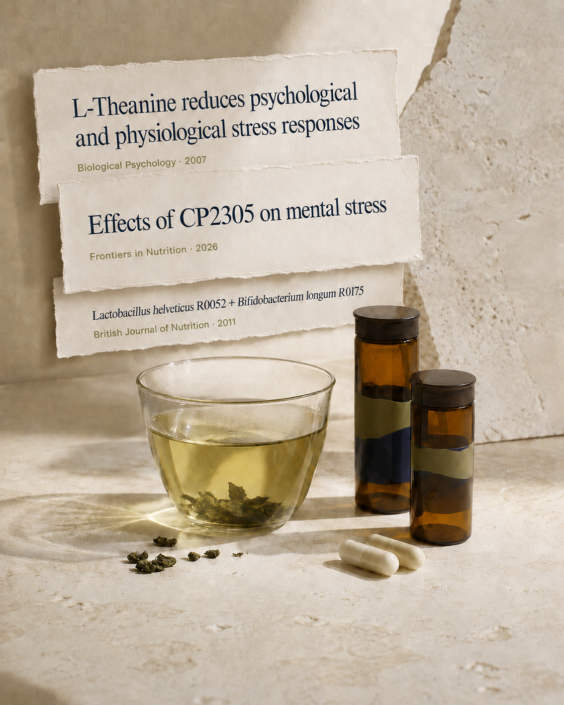 Clinical study clippings for L-theanine and CP2305 beside green tea and supplement capsules, representing the published research behind PressurePrep's ingredients.